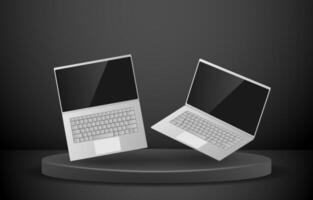 Blank frameless laptop screen. Realistic laptop in different positions and angles. Generic device model. Laptop frame with isolated blank view. Set of realistic isolated simple 3D for mobile devices. vector