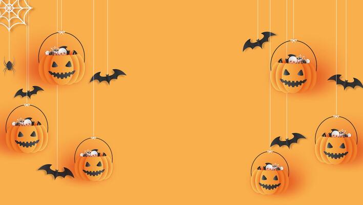 Happy Halloween banner or party invitation background with bats and pumpkins filled with Halloween decorations in paper cut style.