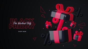 Black Friday Super Sale. Black gift box with red ribbon and discount balloons. Dark background with red text letters. Horizontal banner, poster or website header. vector