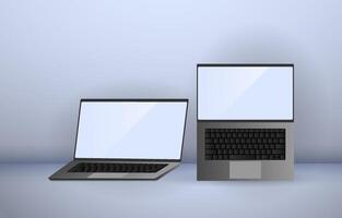 Blank frameless laptop screen. Realistic laptop in different positions and angles. Generic device model. Laptop frame with isolated blank view. Set of realistic isolated simple 3D for mobile devices. vector