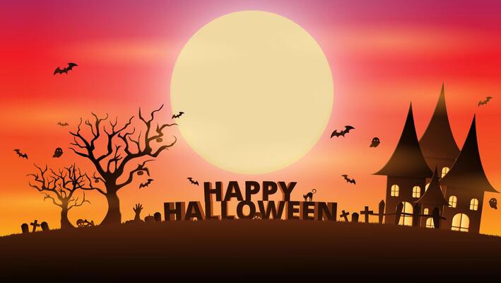Halloween banner with creepy haunted house and tree. Flat Illustration. Full Moon Night in the Spooky Forest.