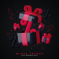 Black Friday Super Sale. Black gift box with red ribbon and discount balloons. Dark background with red text letters. Horizontal banner, poster or website header. vector