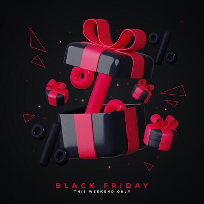 Black Friday Super Sale. Black gift box with red ribbon and discount balloons. Dark background with red text letters. Horizontal banner, poster or website header.