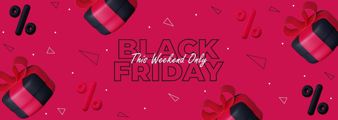 Black Friday Super Sale. Black gift box with red ribbon and discount balloons. Pink background with black text letters. Horizontal banner, poster or website header.
