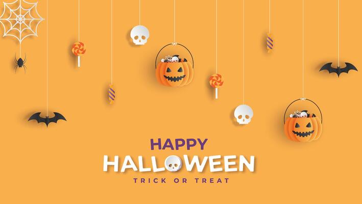 Happy Halloween banner or party invitation background with bats and pumpkins filled with Halloween decorations in paper cut style.