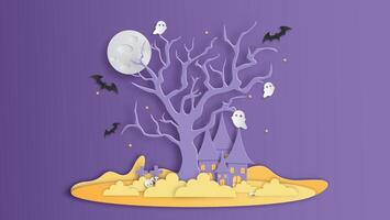 Funny ghosts flying around the mystical forest on Halloween night with bats outside the house. Graphic design for Halloween. paper cut and craft style. vector