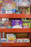 New Delhi, India, February 17 2024 - Variety of Books on shelf inside a book-stall at Delhi International Book Fair, Selection of books on display in Annual Book Fair at Bharat Mandapam complex photo