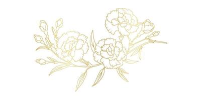 Golden carnation flowers line art isolated on white background. Luxury floral design elements for invitation, wedding, wallpaper, print template, illustration vector