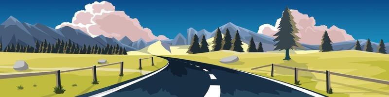 Copy Space Flat Illustration. of curved asphalt road. Two side wooden fence and wide open fields and low mountains. Under blue sky and white pink clouds. vector