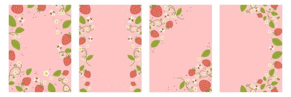 Set of four summer sale posters with a pink background, decorated with strawberries, bees, and flowers. The posters advertise a limited-time offer with discounts. vector