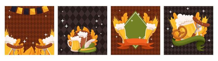 Beer festival square social media post collection template. Design with glass of beer, wheat and leaves, banner ribbon and other festive objects on dark rhombus background vector