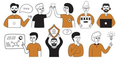 Characters in various work situations, engaged in online communication, big data analysis, teamwork, analytics, management, and multitasking. vector