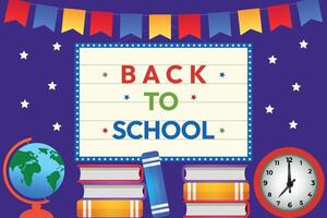 Back to school banner with globe, book and clock, blue color background. vector