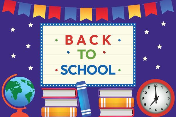 Back to school banner with globe, book and clock, blue color background.
