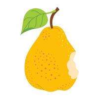 Ripe juicy bitten Pear with leaves. Yellow Pear eaten cartoon image art. Hand drawn trendy flat style isolated on transparent background. Healthy vegetarian snack for design illustration vector