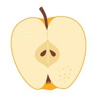 Yellow apple cut in half. One piece of fresh fruit with seeds. Apple half icon. Hand drawn Trendy flat style Isolated on transparent background illustration vector