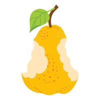 Ripe juicy bitten Pear with leaves. Yellow Pear eaten cartoon image art. Hand drawn trendy flat style isolated on transparent background. Healthy vegetarian snack for design illustration vector