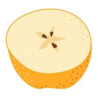 Yellow apple cut in half. One piece of fresh fruit with seeds. Apple half icon. Hand drawn Trendy flat style Isolated on transparent background illustration vector