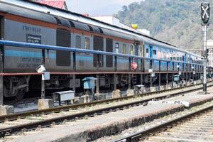 View of train Railway Tracks from the middle during daytime at Kathgodam railway station in India, Train railway track view, Indian Railway junction, Heavy industry photo