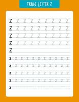 Educational tracing worksheet designed to help young children learn how to write the letter z. features multiple lines with different styles of z, including dotted lines for tracing and solid lines for practice. vector