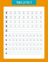 Tracing worksheet for the letter x designed to enhance children's early literacy skills. features multiple rows for practice, with dotted lines and models to guide proper writing technique. ideal for preschool and kindergarten education. vector
