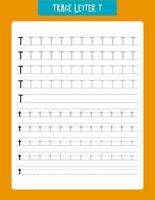 Printable worksheet designed to help preschoolers learn how to trace the letter t. the worksheet features various tracing exercises progressing from guided to independent tracing lines to develop early childhood literacy and fine motor skills. vector