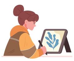 Happy woman work with tablet . Student designer character enjoy drawing project on workspace. vector