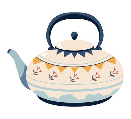 Cute ceramic white teapot painted with flowers in retro style. Tea kettle isolated on white background. Hand drawn kitchen crockery.