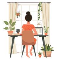 Person sitting at computer desk. Woman with correct back posture on chair, working at desktop, table. Girl at good workplace. vector