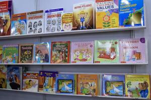New Delhi, India, February 17 2024 - Variety of Books on shelf inside a book-stall at Delhi International Book Fair, Selection of books on display in Annual Book Fair at Bharat Mandapam complex photo