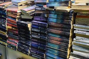 New Delhi, India, February 17 2024 - Variety of Books on shelf inside a book-stall at Delhi International Book Fair, Selection of books on display in Annual Book Fair at Bharat Mandapam complex photo