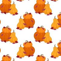 Pattern with orange pumpkins and leaves. Autumn background. Composition of pumpkins in flat style on a white background. Pattern for textile, wrapping paper, background. vector