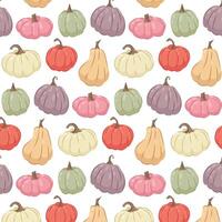 Pattern with multi-colored pumpkins. Autumn background. Various pumpkins in flat style on a white background. Pattern for textile, wrapping paper, background. vector