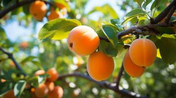 A bunch of ripe apricots on a branch. Neural network photo