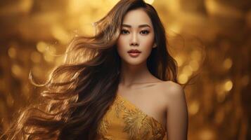 Fashion Woman in Luxury Golden Dress. Neural network photo