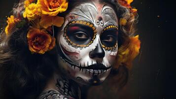 Day of the Dead illustration with sugar skull girl in decorative flower wreath. Neural network photo