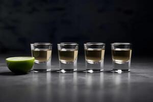 Shot glasses with tequila on bar counter. Neural network photo