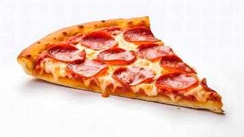 Cut off slice pizza isolated on white background. Neural network photo