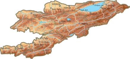 physical map of the Republic of Kyrgyzstan. The territory of the state with large cities, roads, rivers and lakes. Issyk-Kul, Bishkek, Osh, Pamir. vector