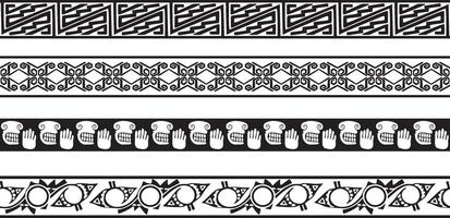 set of seamless monochrome geometric Indian ornaments. Borders, frames, patterns of indigenous peoples of the Americas, Aztec, Maya, Incas. vector