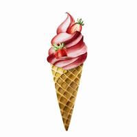 Strawberry soft ice cream in crispy waffle cone with fresh berries. Hand painting sweet watercolor illustration isolated on backgrou vector