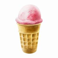 Scoop of strawberry, raspberry ice cream in crispy waffle cone. Hand painting sweet watercolor illustration isolated on background. For designers, menu, shop, decoration, restaura vector