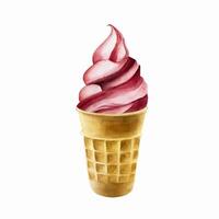 Strawberry, raspberry, cherry soft ice cream in crispy waffle cone. Hand painting sweet watercolor illustration isolated on backgro vector