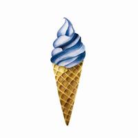 Blueberry soft ice cream in crispy waffle cone. Hand painting sweet watercolor illustration isolated on background. For desig vector