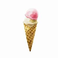 Scoops of vanilla and strawberry, raspberry ice cream in crispy waffle cone. Hand painting sweet watercolor illustration isolated on background. For designers, menu, sh vector
