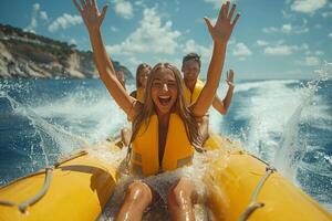 Group enjoying a thrilling boat ride, wearing yellow life jackets, splashing water, bright day. photo
