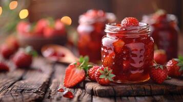 Strawberry jam in a jar with fresh strawberries on a rustic wooden table, perfect for breakfast. photo