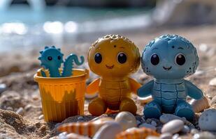 Colorful beach toys including a yellow turtle and blue turtle on sand with shells and a bucket. photo