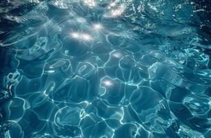 Blue water surface with shimmering reflections and ripples, creating a serene and tranquil scene. photo