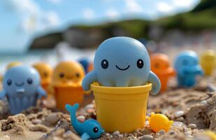 Smiling toy octopus in a yellow bucket on the beach surrounded by colorful toys and sand. photo
